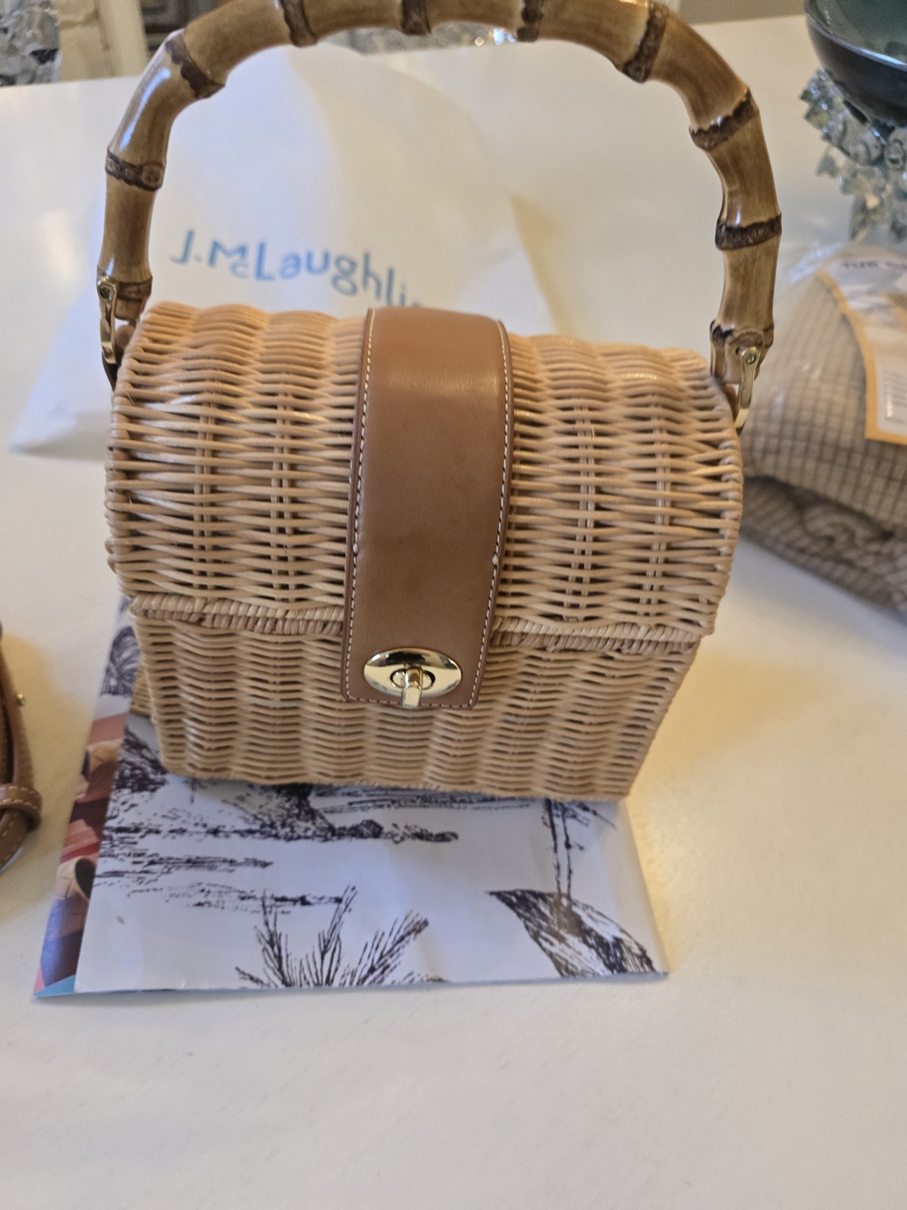 J. McLaughlin Woven Straw Mini Bag with Brown Trim and Bamboo Handle